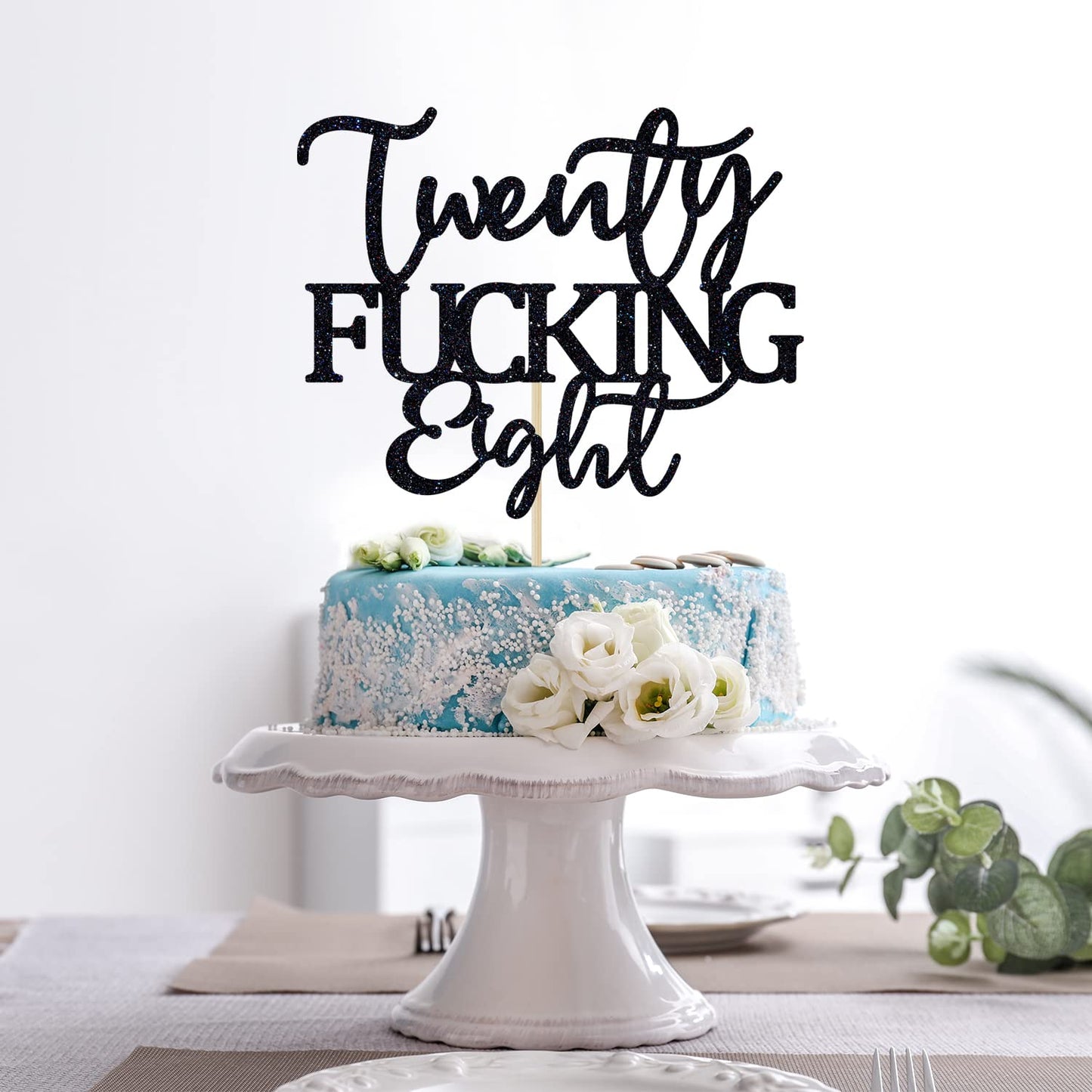Unoggsor Twenty Fucking Eight Cake Topper - Happy 28th Birthday Cake Decor - Cheers to 28 Years Birthday Party Decorations Supplies, Black Glitter