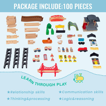 WoodenEdu 100Pcs Wooden Train Set for 3 Year Old Boys, Double-Side Train Set Tracks with Bridge Train Station & Storage Box, Fits Brio, Thomas
