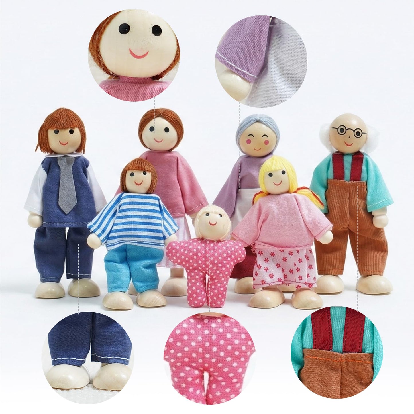 Sing2sky 7PCS Wooden Dollhouse Dolls for Playing House Gifts for Children, Wood, Articulated Pretend Play Figures, Smooth Splinter-Free Wood