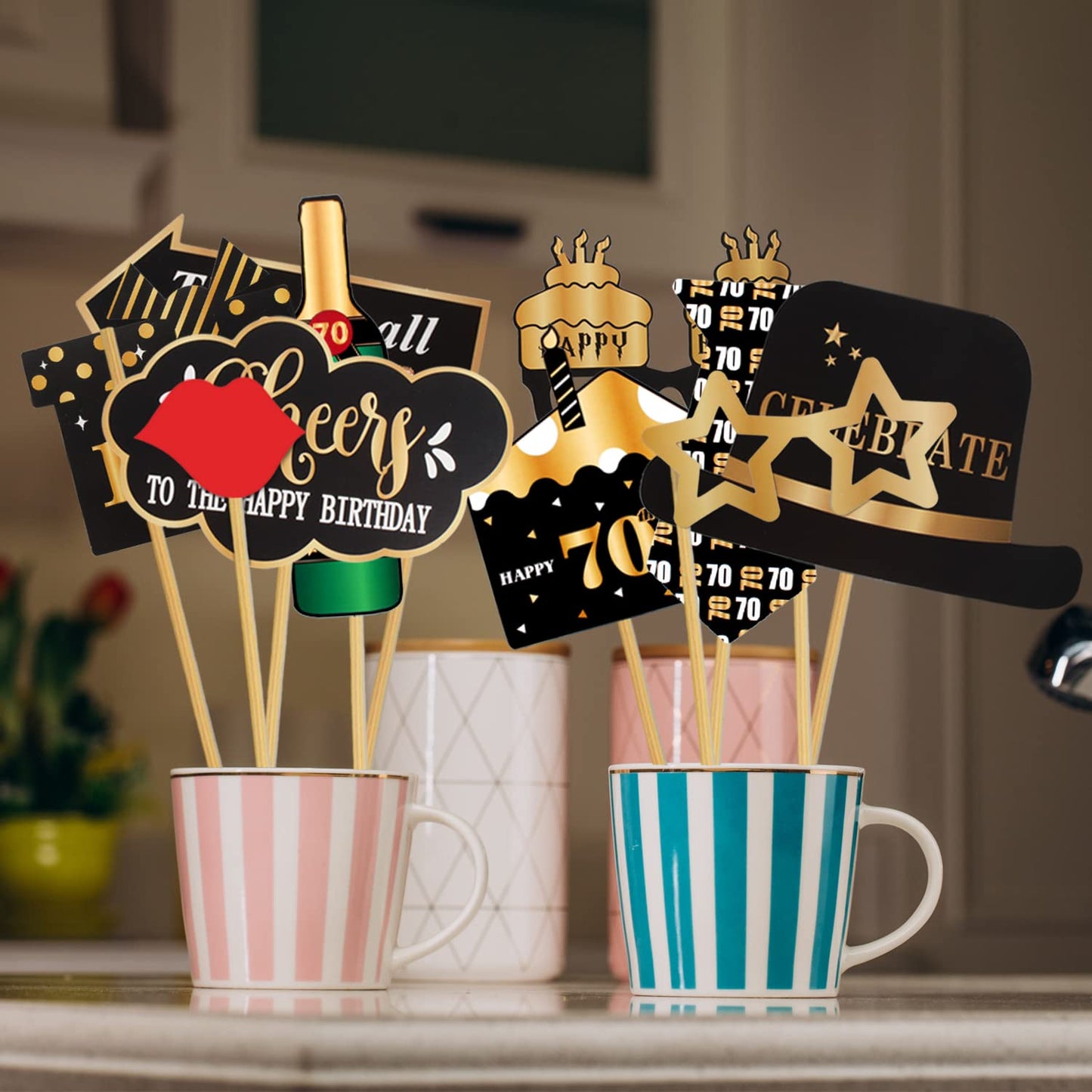 LINGTEER Happy 70th Birthday Party Photo Booth Props,Cheers to 70th Birthday Seventy Years Old Bday Party Centerpieces Props Decorations Sign.