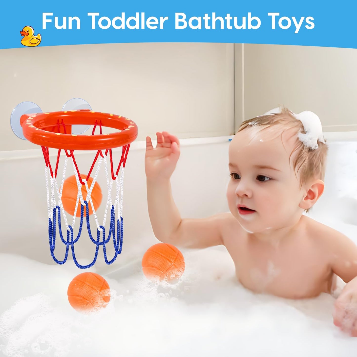 Auvitaya Bath Toys, Bathtub Basketball Hoop for Kids Toddlers, Bath Shower Toys for Kids, Strong Suction Cup Basketball Hoop & 3 Soft No-Hole Balls