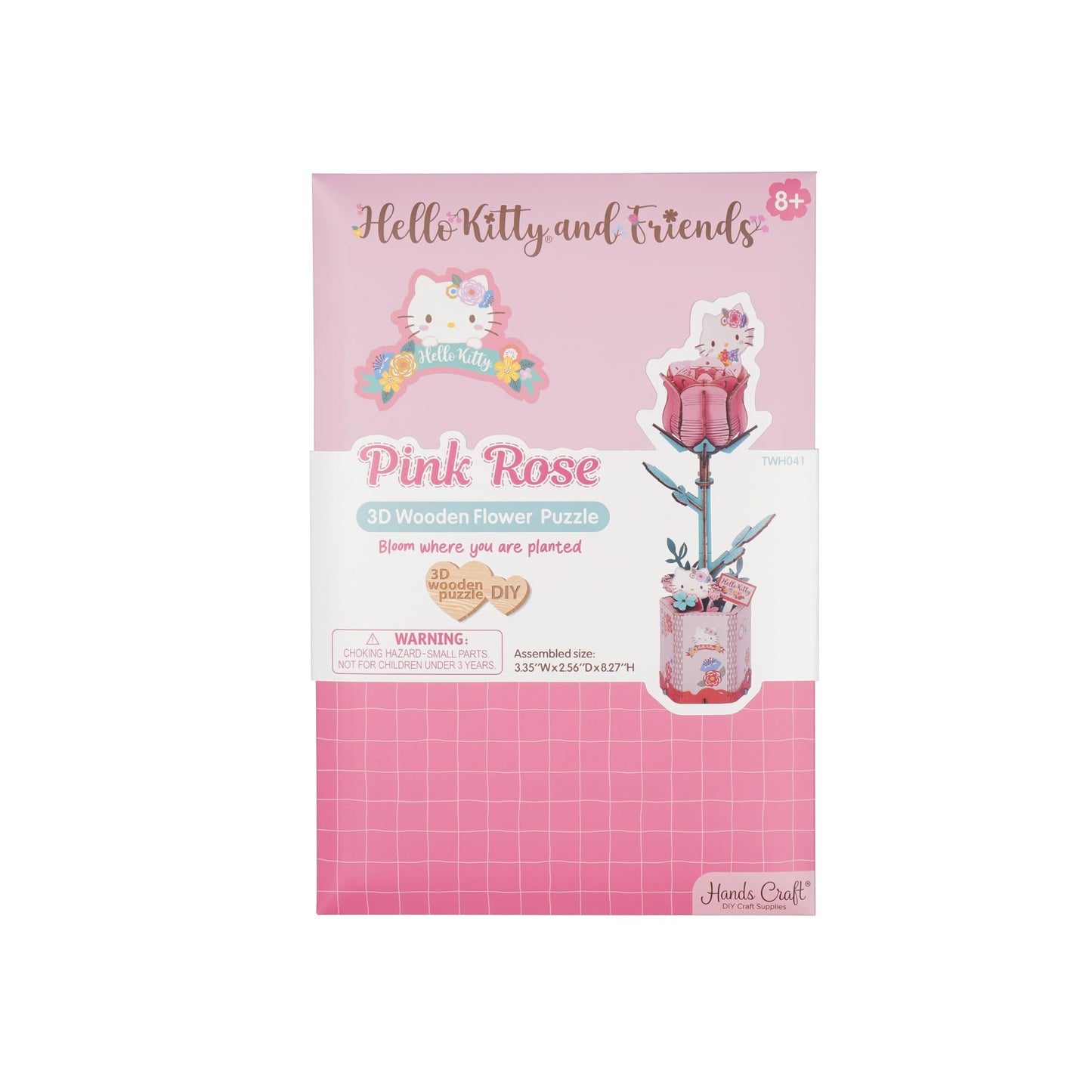 Hands Craft Hello Kitty and Friends Pink Rose 3D Wooden Puzzle Kit | DIY Flower Model | Arts & Crafts for Adults & Kids | Creative Hobby Kits | Hello