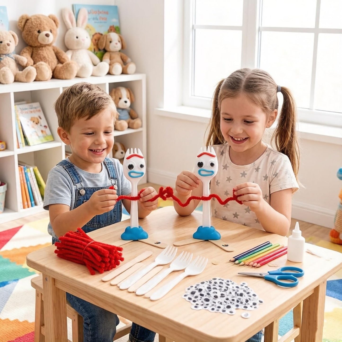 Fork Creativity Set, 100 Sets Forky DIY Creative Crafts Pack Plastic Sporks Red Pipe Cleaners Googly Eyes Popsicle Stick