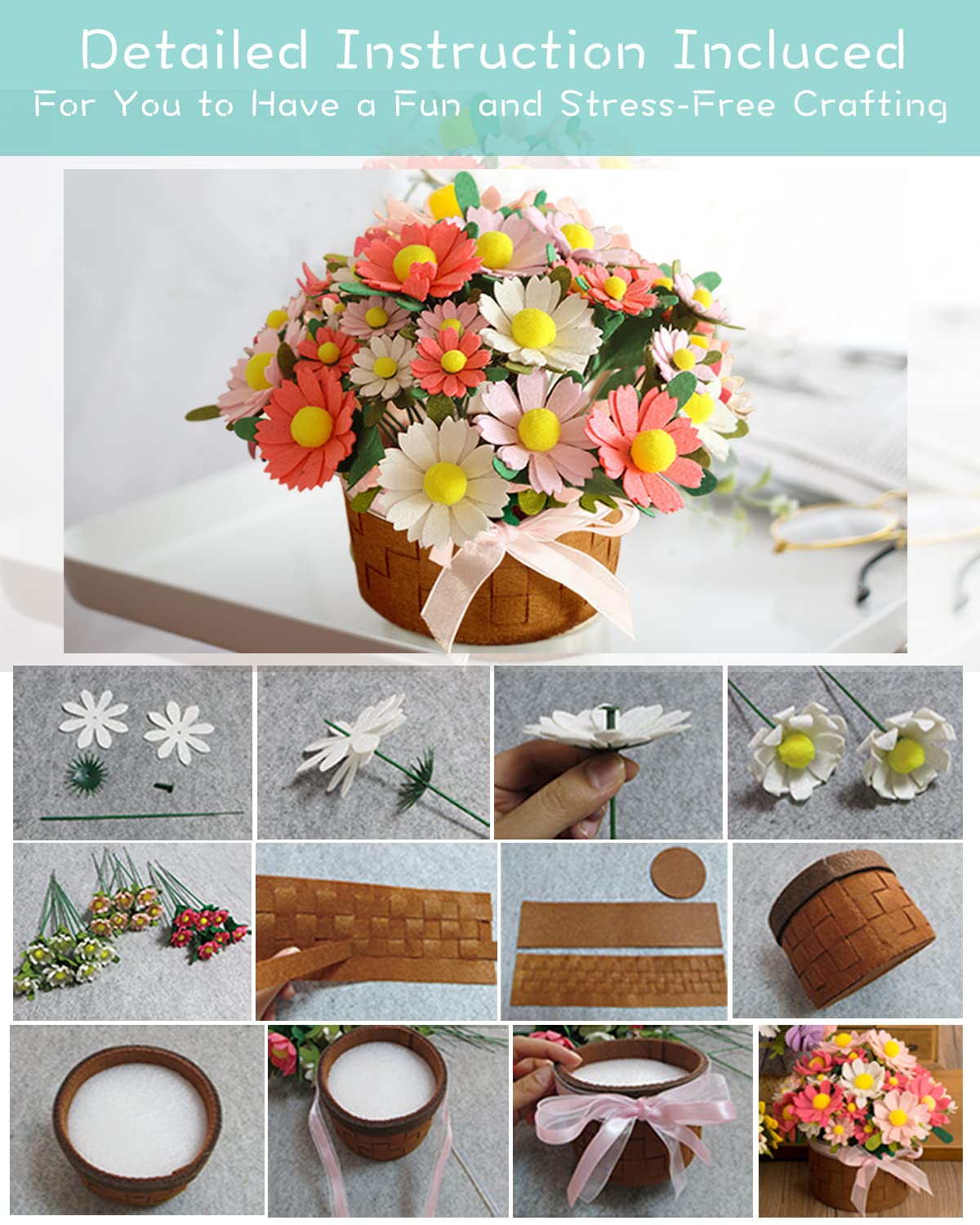DIY Felt Flower Art Craft Kit, DIY Felt Daisy Bouquet Kit,Floral Gifts,Beginner Craft Kit,Arrange Pre-Cut Felt Flowers and Foliage