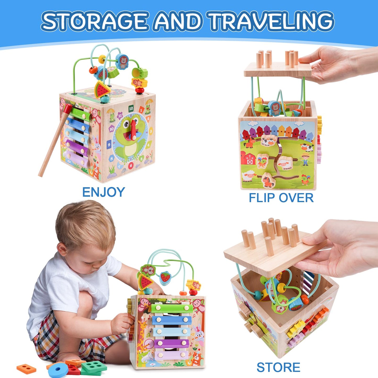 Wooden Activity Cube | Montessori Toys for 1 2 3 Year Old Toddlers | One Year Old 1st First Birthday Gift | Educational Toys for 12+ Months Baby Boys
