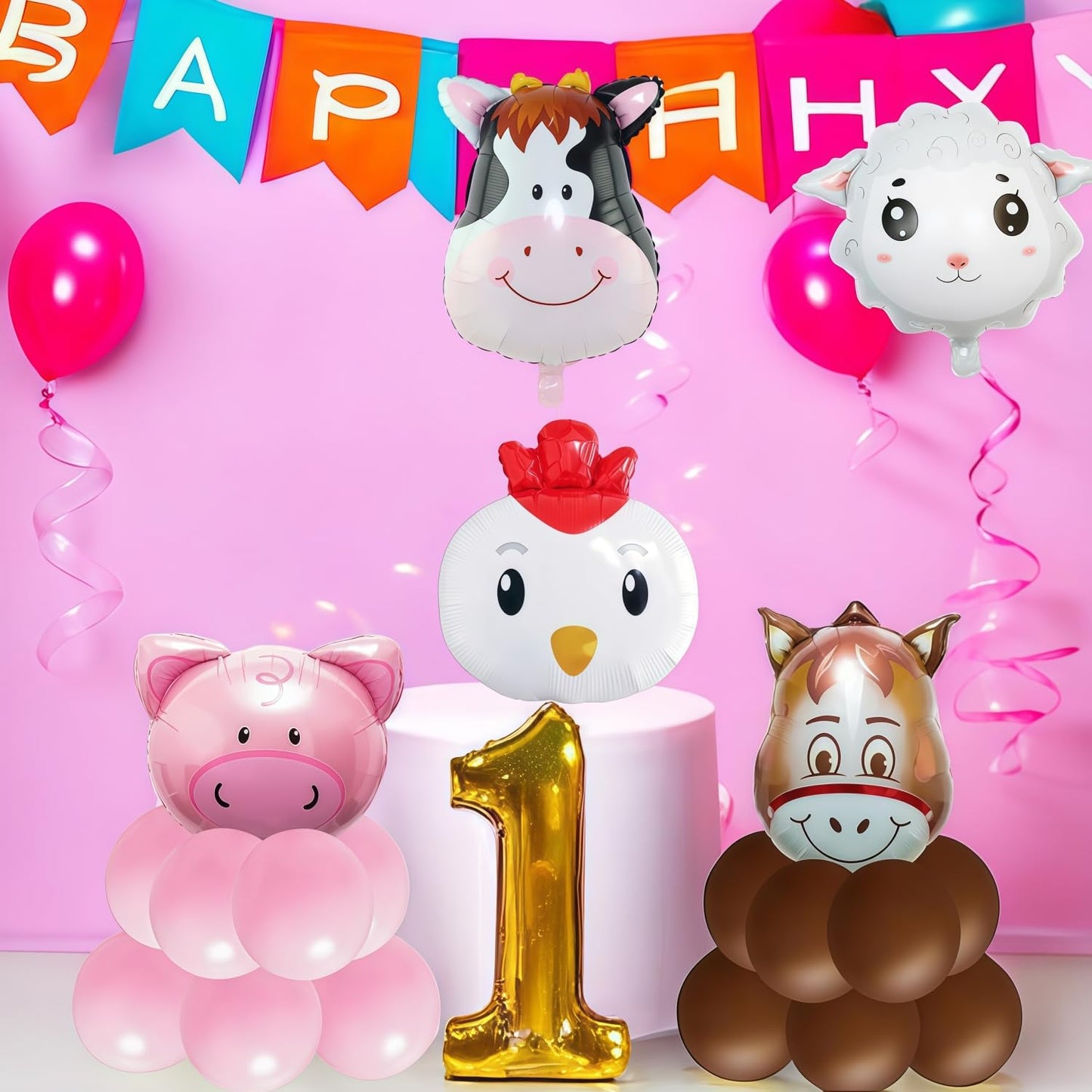 XLENGO 5 PCS Farm Animal Balloons, Cow Donkey Sheep Pig Chicken Foil Mylar Balloon for Baby Shower Farm Birthday Party Decorations Supplies