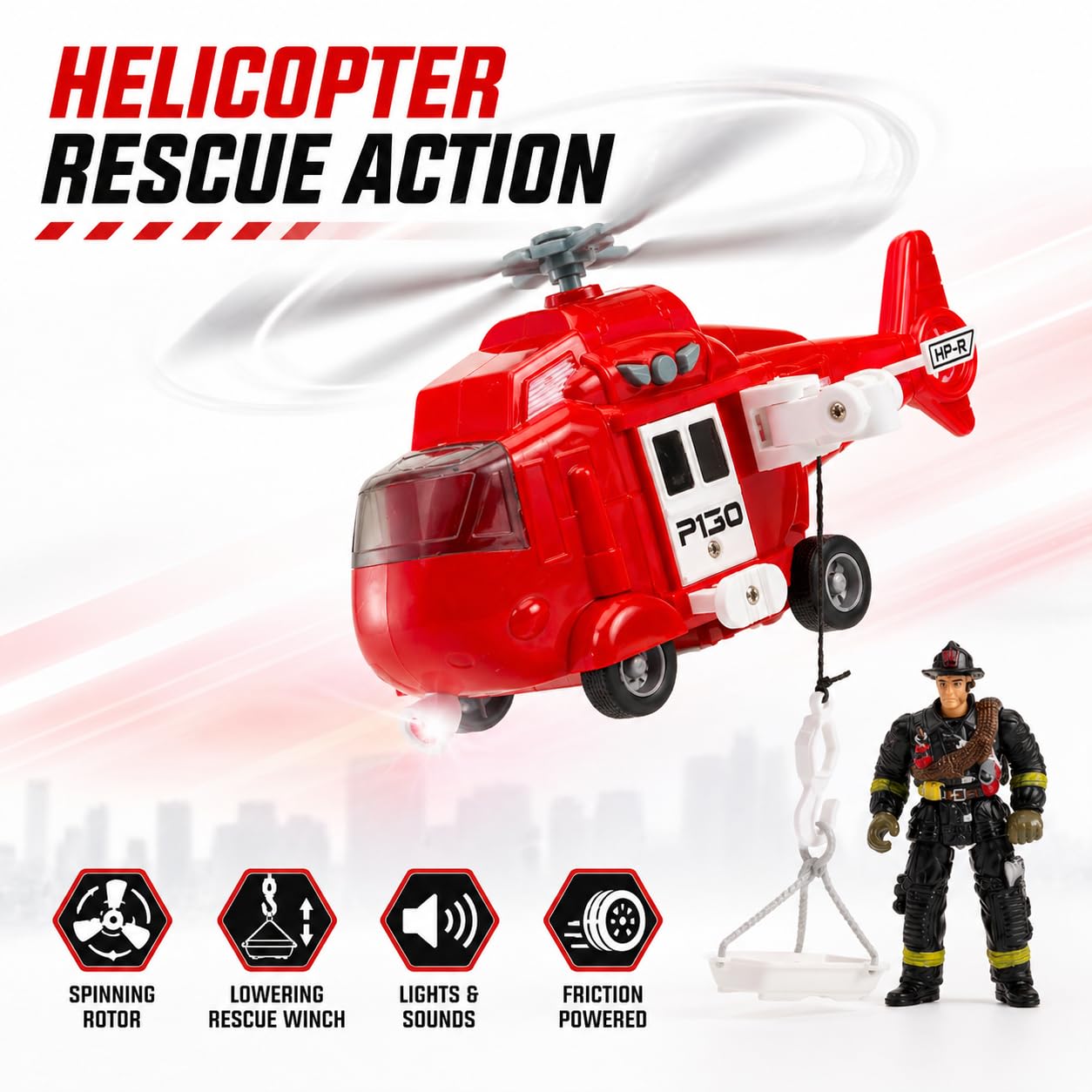 Fire Rescue Toy Set for Kids Ages 3+ - Friction Powered Fire Truck, Rescue Helicopter, Fire Chef Car & 2 Firefighter Figures with Lights & Sounds