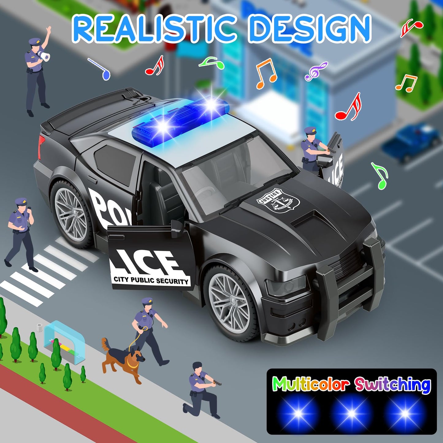 Police Car Toys for Boys 3-5 4-8 With 3 Different Flashing Lights & Sound, Side Doors Open Friction-Powered Wheels Pursuit Rescue Vehicle Light Up Toy
