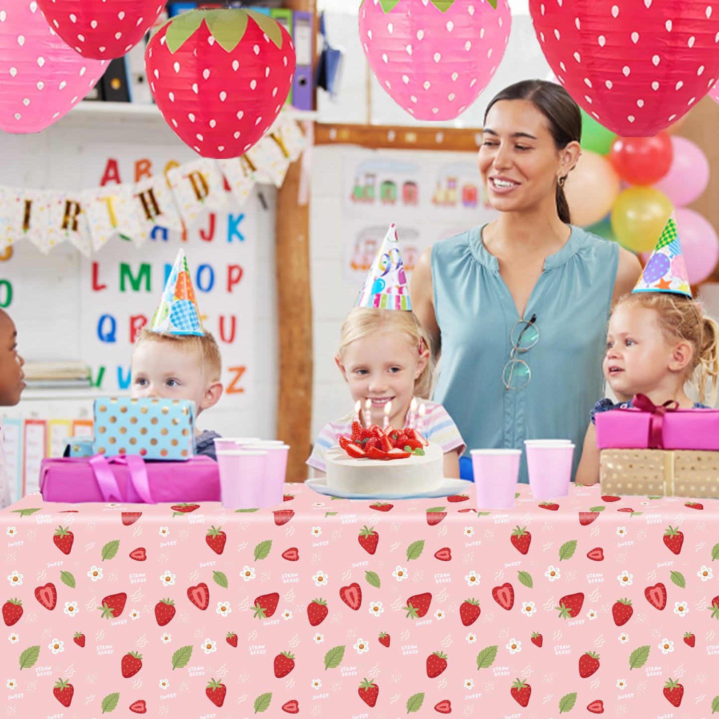 Ayearparty 4 Pack Strawberry Tablecloth Sweet One Birthday Table Cover Berry First Birthday Decorations Plastic Strawberry Theme Party Decor Party