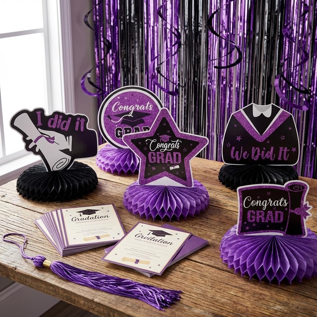 9PCS Graduation Table Decorations 2026 Purple and Black Congrats Grad Table Centerpiece Congratulate Graduation Table Toppers Graduation Decorations