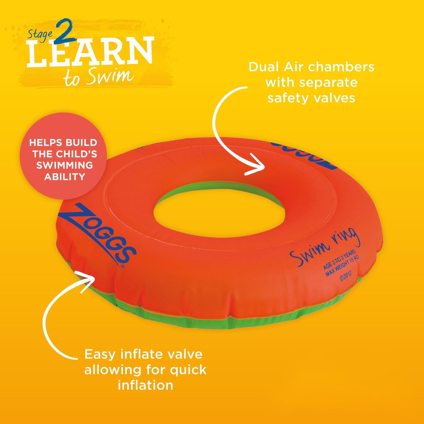 Zoggs Kids Swim Ring, Pool Float, Orange, 2-3 Years