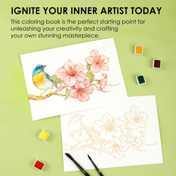 Grabie Floral Watercolor Coloring Book, 100% Cotton Watercolor Paper Pad, 15 Sheets 300 GSM Cold Press Painting Pages for Adults, Beginners, Artists