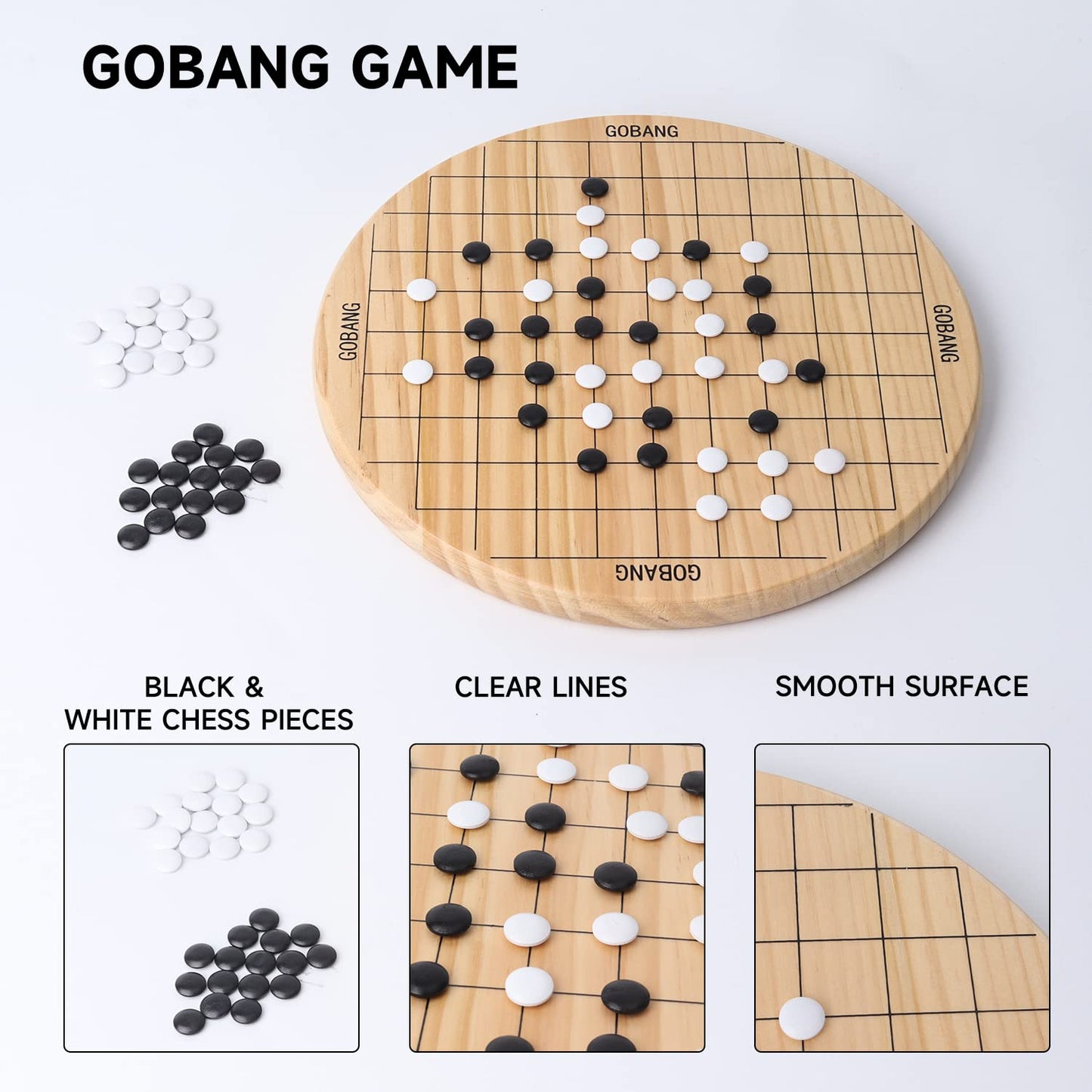 GSE Games & Sports Expert 11.5" Natural Wood 2-in-1 Chinese Checkers and Gobang Board Game Set with 66 Colorful Wooden Pegs and Stones, Classic