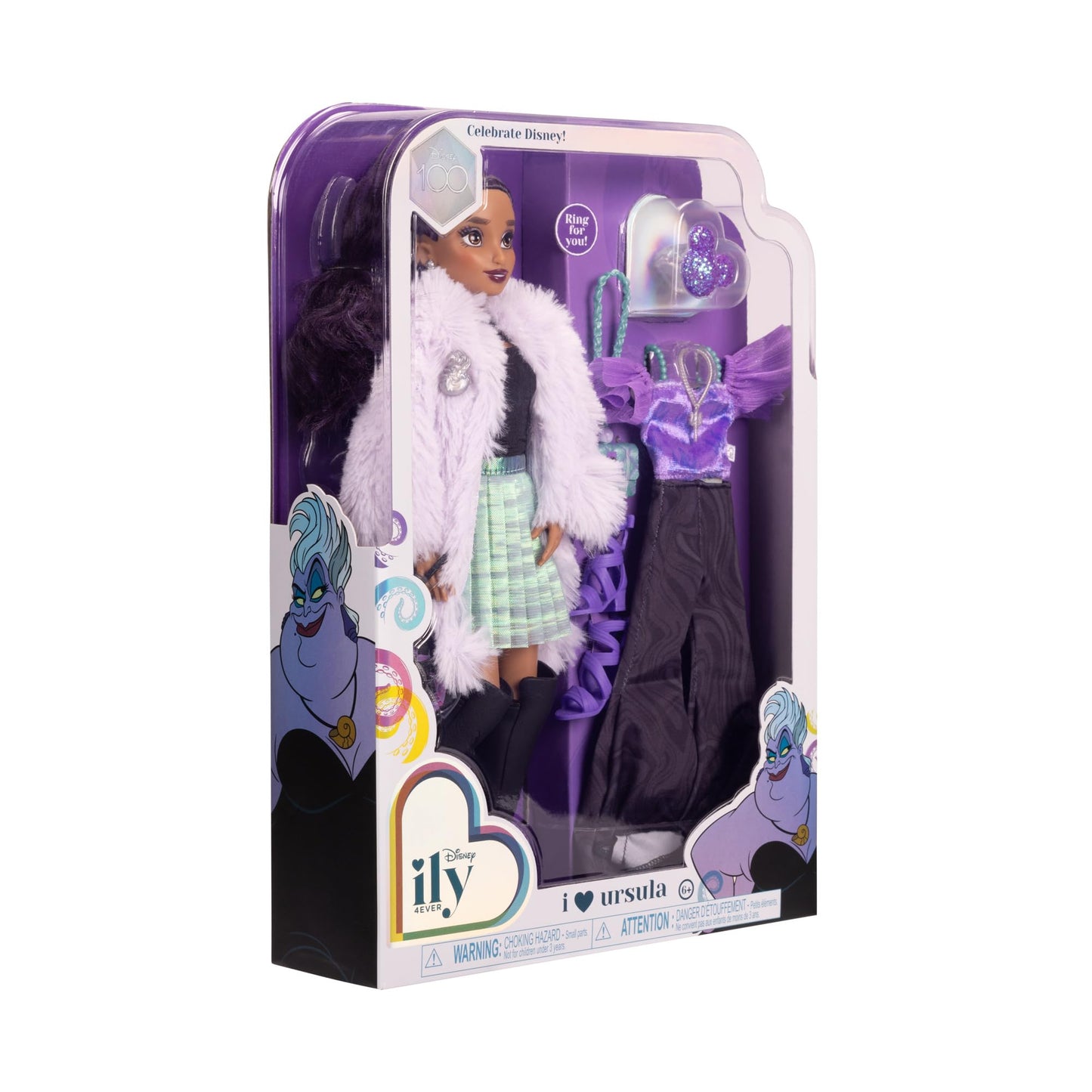 Disney ily 4EVER Dolls Disney 100 - Ursula 11.5" Tall with 13 Points of Articulation, Two Complete Mix-and-Match Outfits and Glittery Mickey Ring for