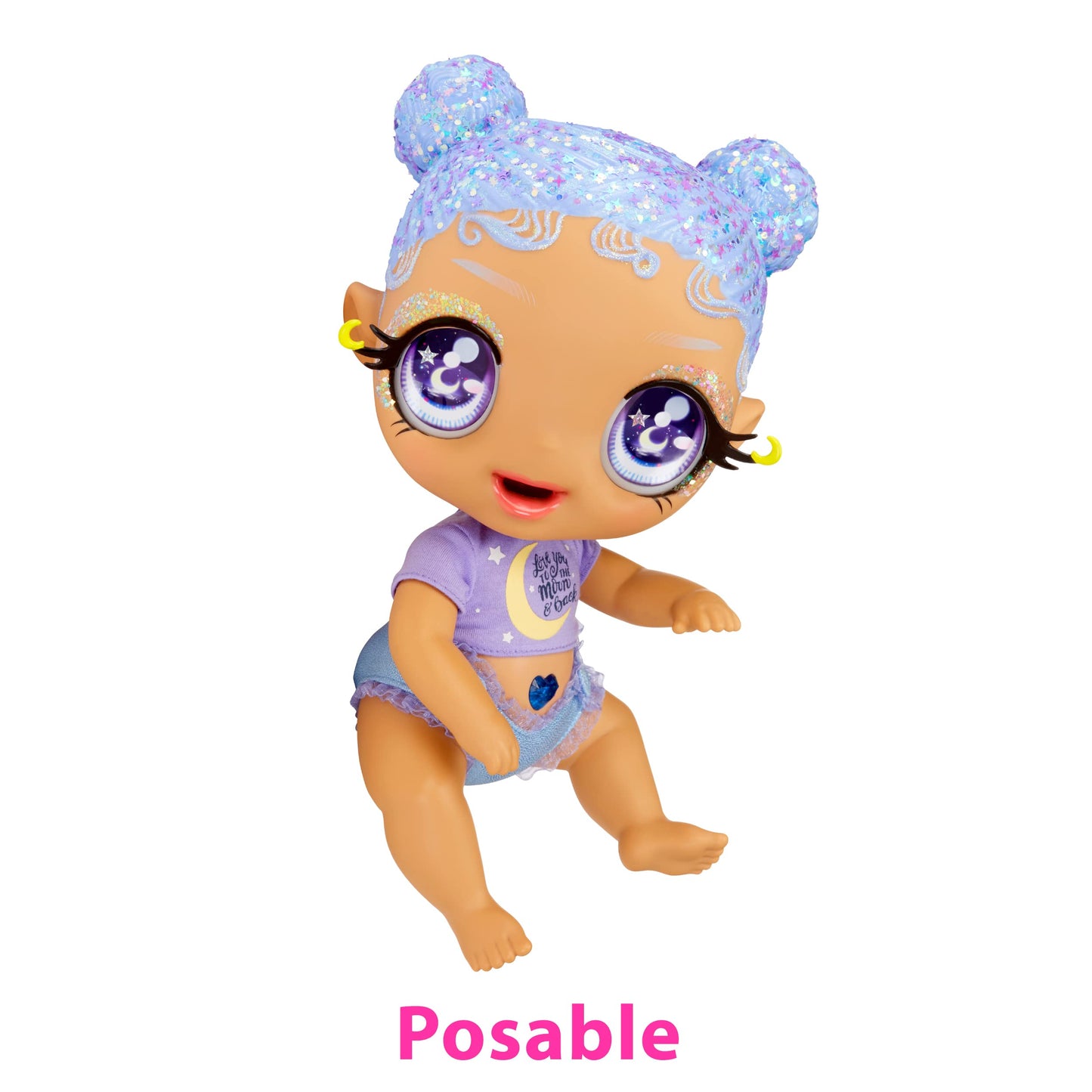 MGA Entertainment Glitter Babyz Selena Stargazer Baby Doll 3 Magical Color Changes, Pastel Purple Glitter Hair, Moon & Stars Outfit, Diaper, Bottle