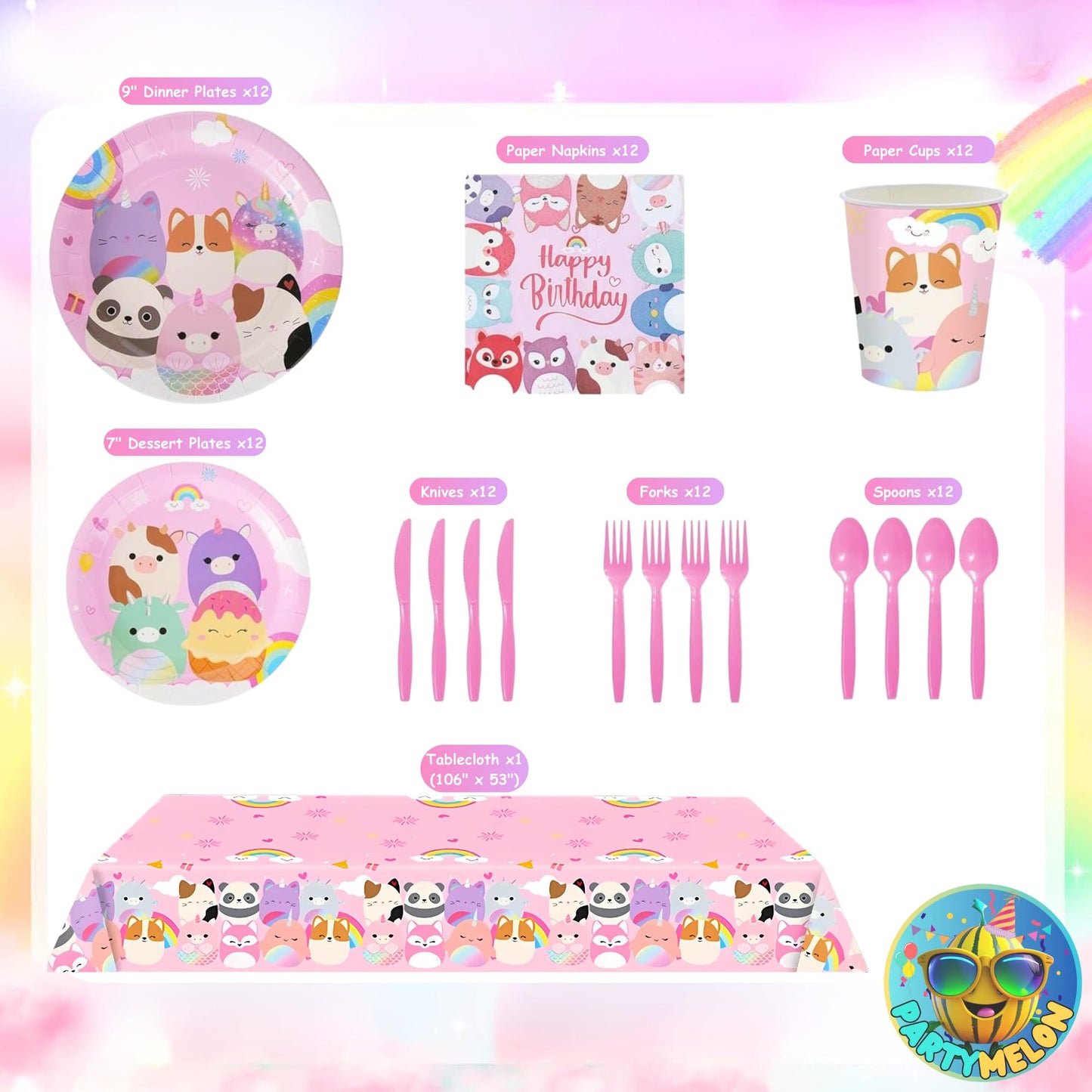Partymelon Cute Animals Birthday Decorations Kids Party Supplies with Banner Cake Topper Cupcake Toppers Balloons Swirls Stickers Background