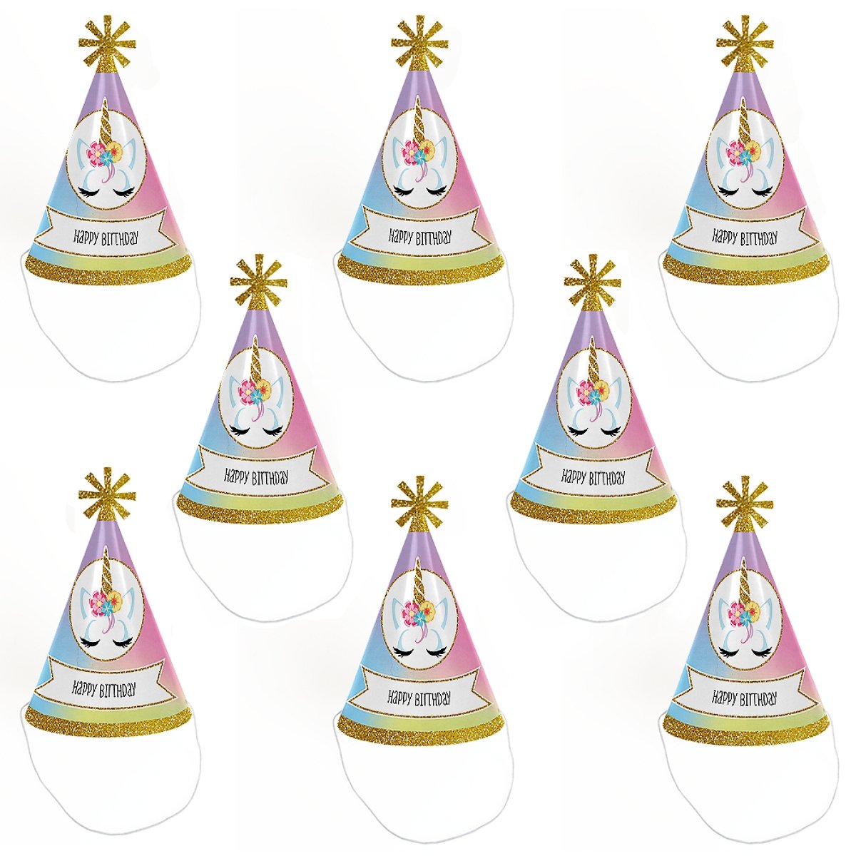 Rainbow Unicorn - Cone Magical Unicorn Happy Birthday Party Hats for Kids and Adults - Set of 8 (Standard Size)