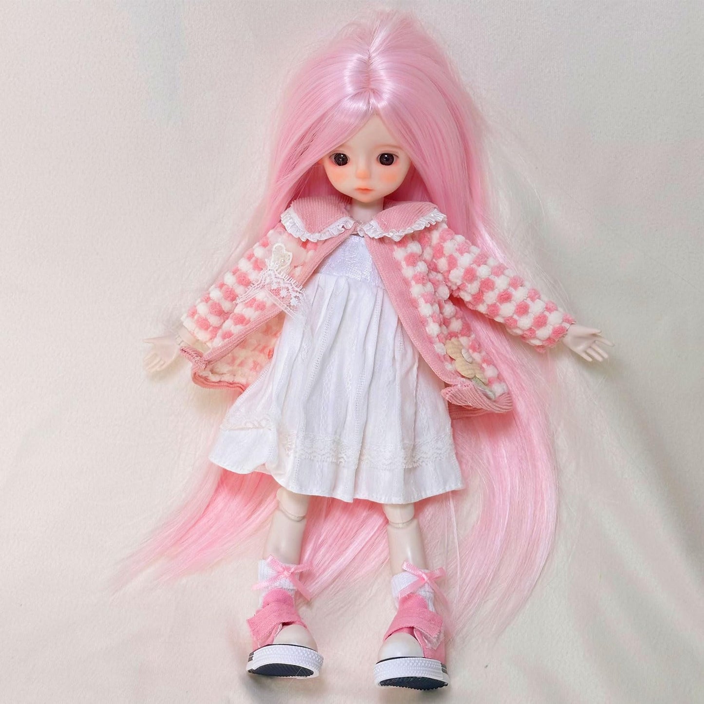 KEYCHARM LINARA 1/6 BJD Doll 12" Ball Jointed Doll with Pink Fluffy Coat, White Dress & Canvas Shoes - Cute Makeup, Vertical Pink Wig - Collectible