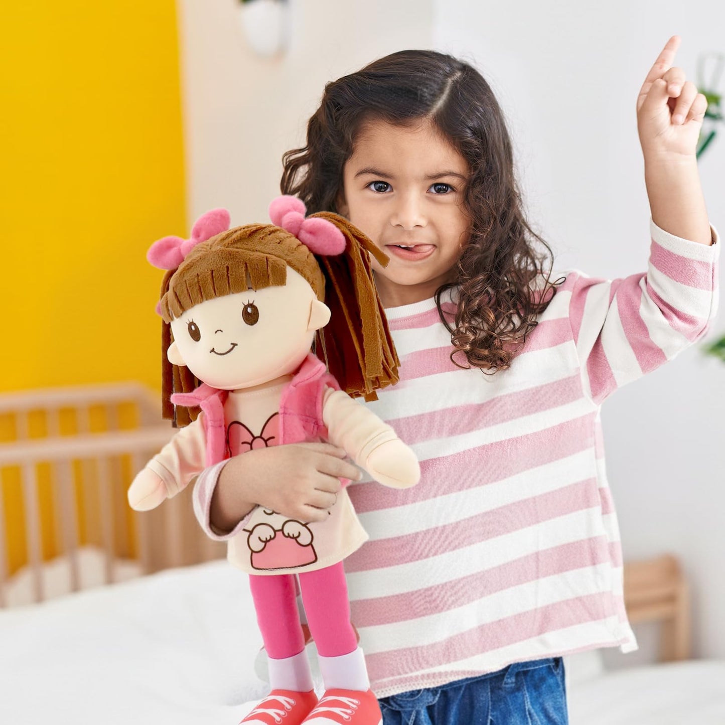 Linzy 15" Little Sweet Hearts Molly Doll, My First Doll Plush Rag Doll for Girls - Soft Baby Doll with Braided Pigtails & Bows, Washable Sensory Cloth
