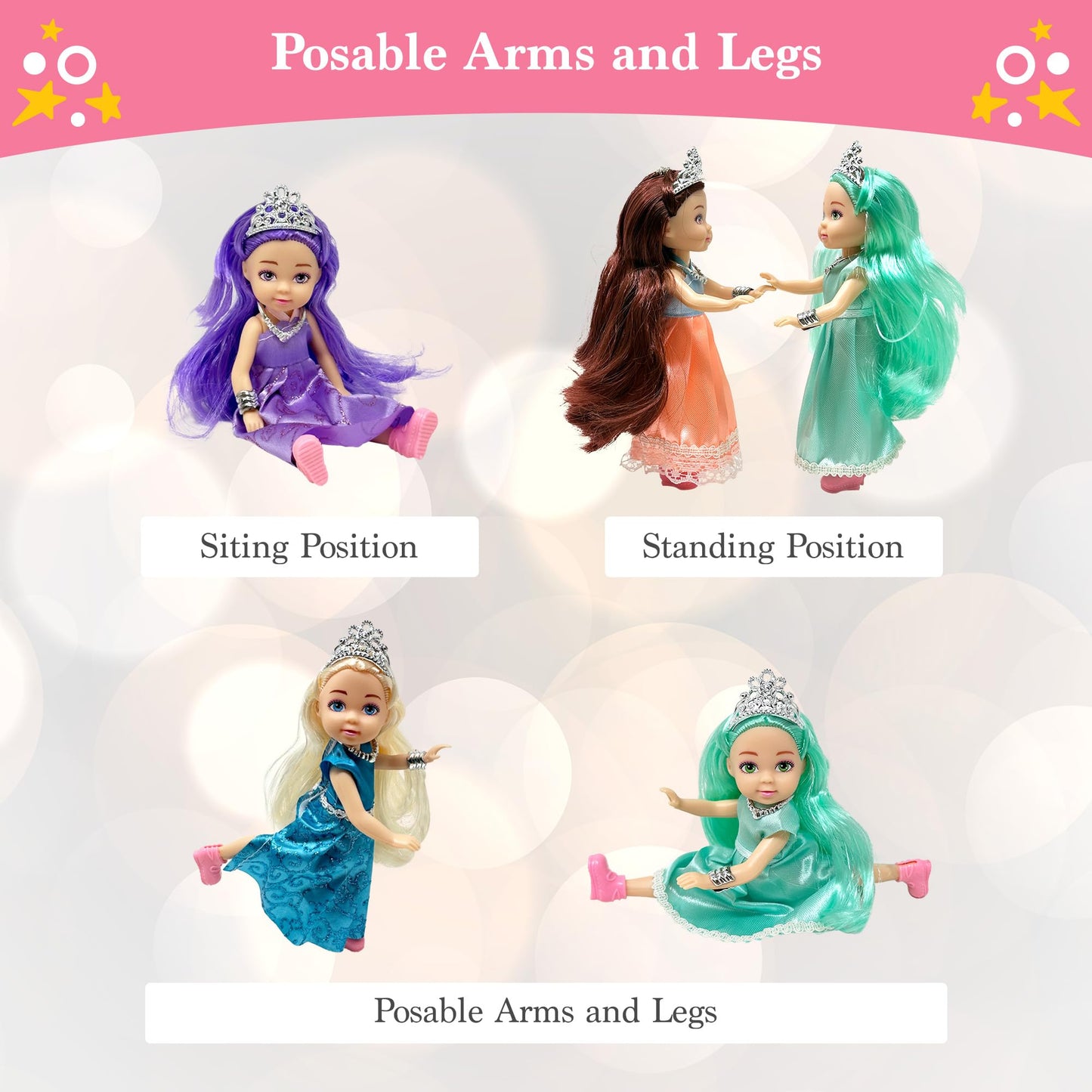 Little Dolls Set with Mini Princess Dolls for Girls - Princess Toy Dolls for Dollhouse -Small Doll Mini Princess Figures with Tiaras, Hair Accessories