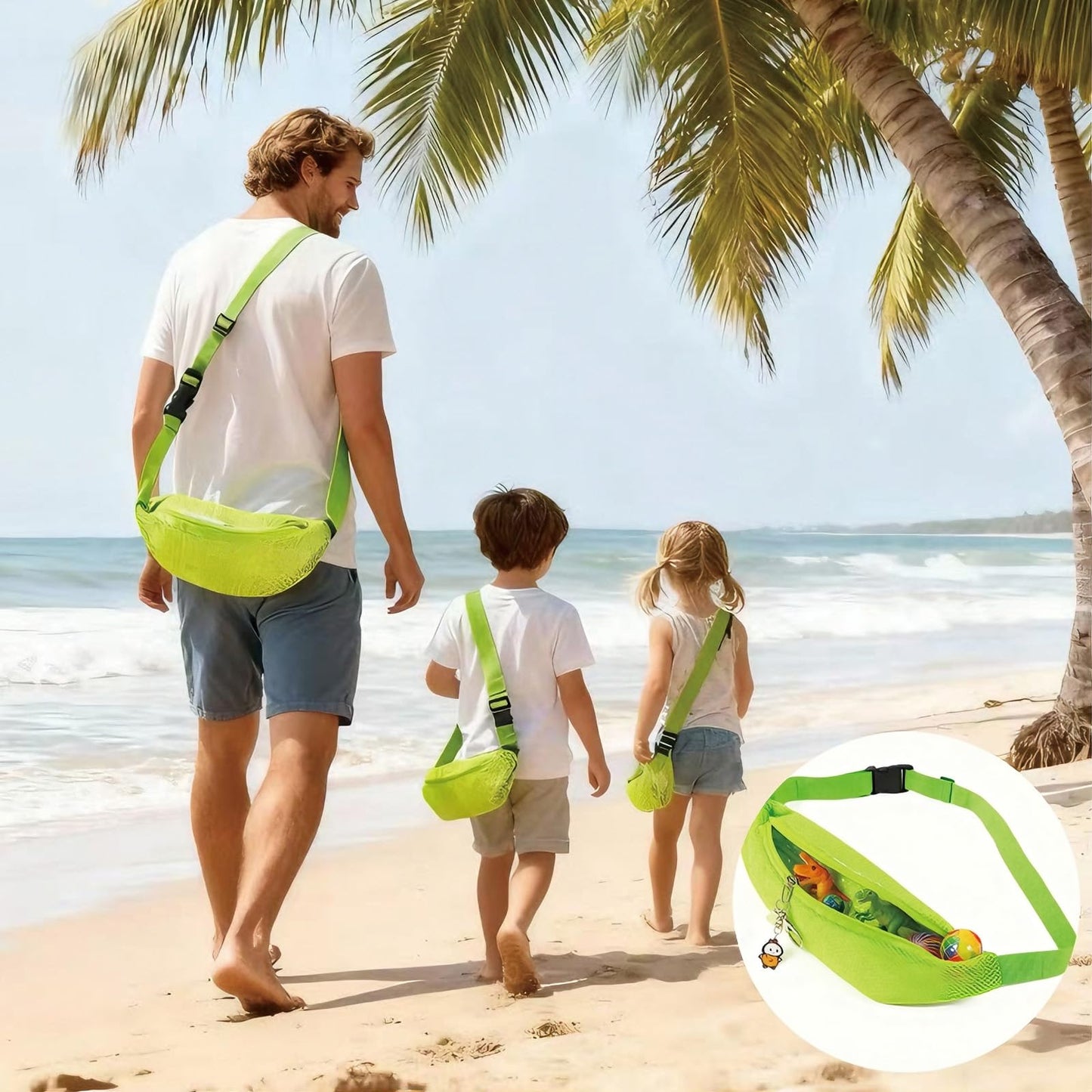 AJFHKJ Mesh Beach Bag Shell Bags for Beach with Beach Shovels Set, Adjustable Fanny Pack Seashell Bag for Collecting Seashells Rocks for Adults Boys