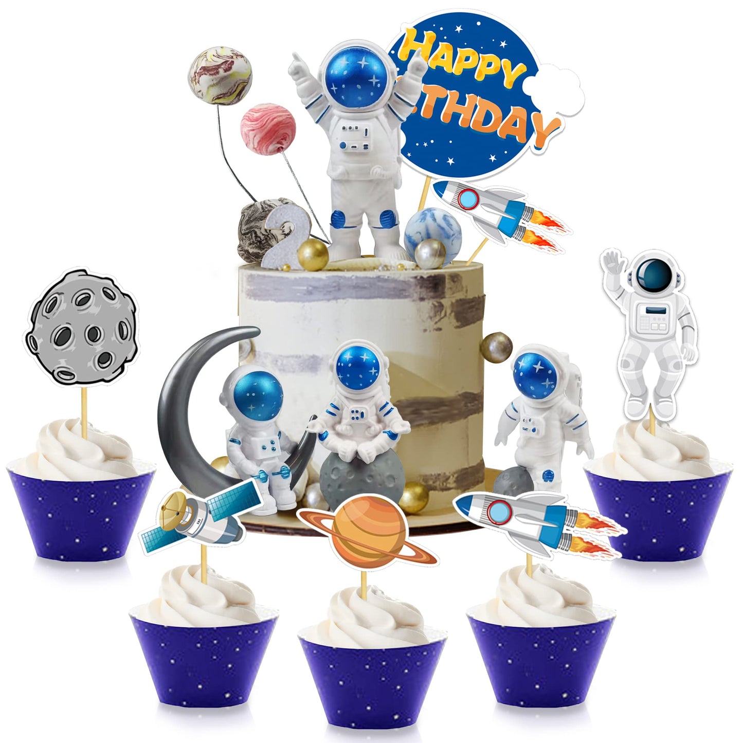 Astronaut Figurines Space Cake Toppers Astronaut Planet Rocket Satellite and Star Space DIY Cake Toppers for Space Theme Party Birthday Party Baby