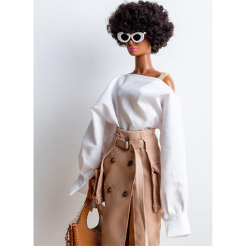 AQQeenmiu Fashion Doll Outfit Set for 11.5-12 Inch Dolls, Designer White Off-Shoulder Shirt with Tan Workwear Belted Skirt, 2 Piece Clothing Set (Tall