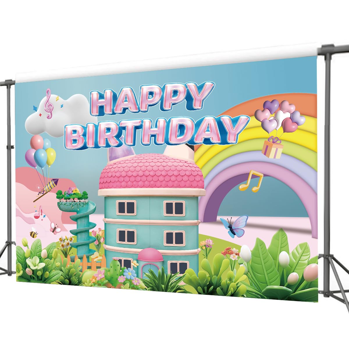 5 * 3FT Rainbow Dollhouse Birthday Party Backdrop Decorations,Rainbow Dollhouse Theme Party Supplies