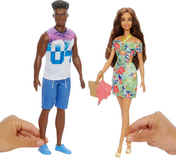 Barbie & Ken Fashions 2-Pack Clothing & Accessories Set, 1 Tropical Dress & Tote for Barbie Doll & 1 Tropical Shirt & Shorts Outfit with Shoes for Ken