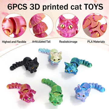 Hsodnr 3D Printed Animals, 3D Printed Cat Figures, Decorative 3D Printed Stuff for Home and Office, Perfect Desk Pets for All Age (6pcs)