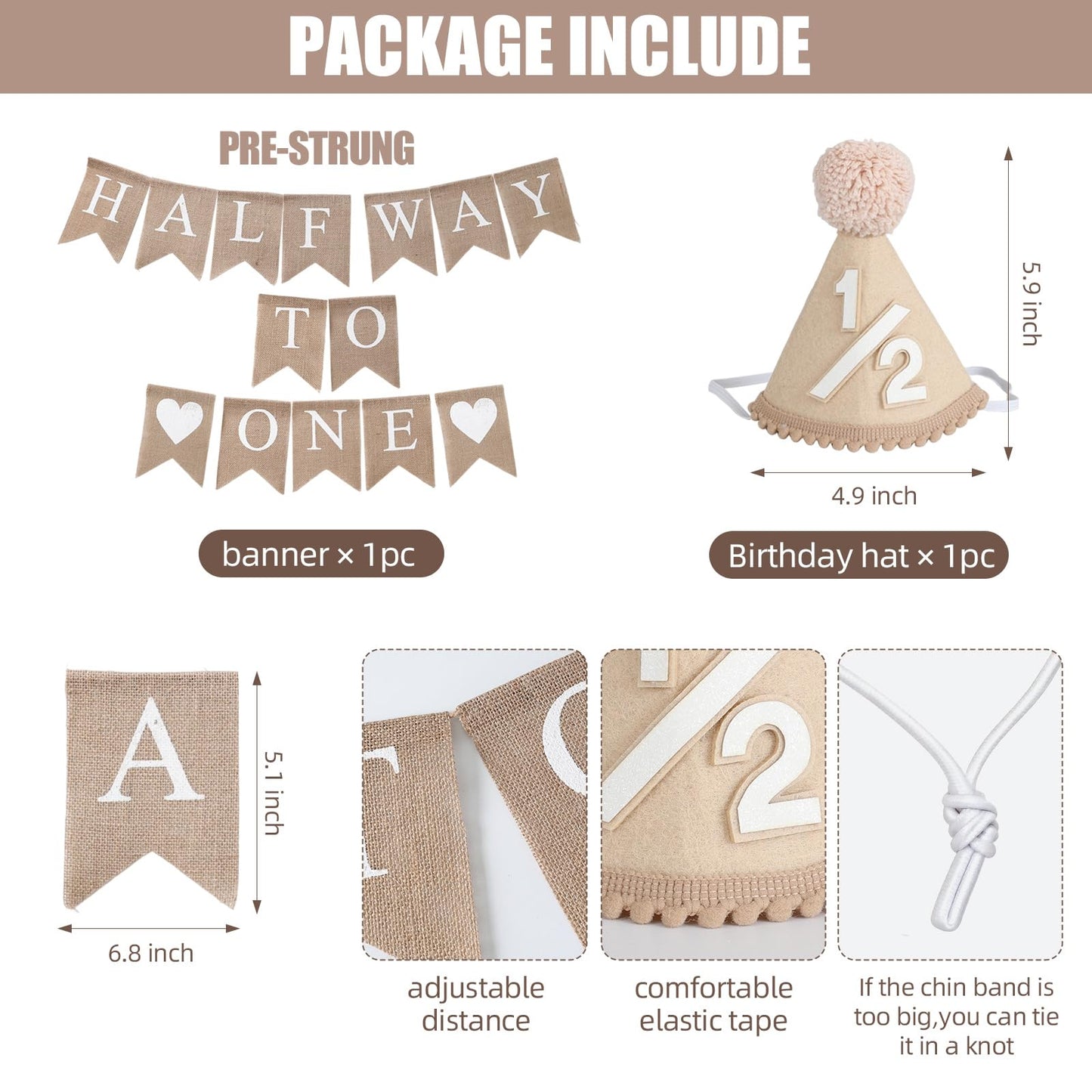 6 Months Beige Half Birthday Decorations With Half Way To One Banner And 1/2 Bir-thday Hat For Six Months Ha-Lf Year BD Decor-ations Boy Girls
