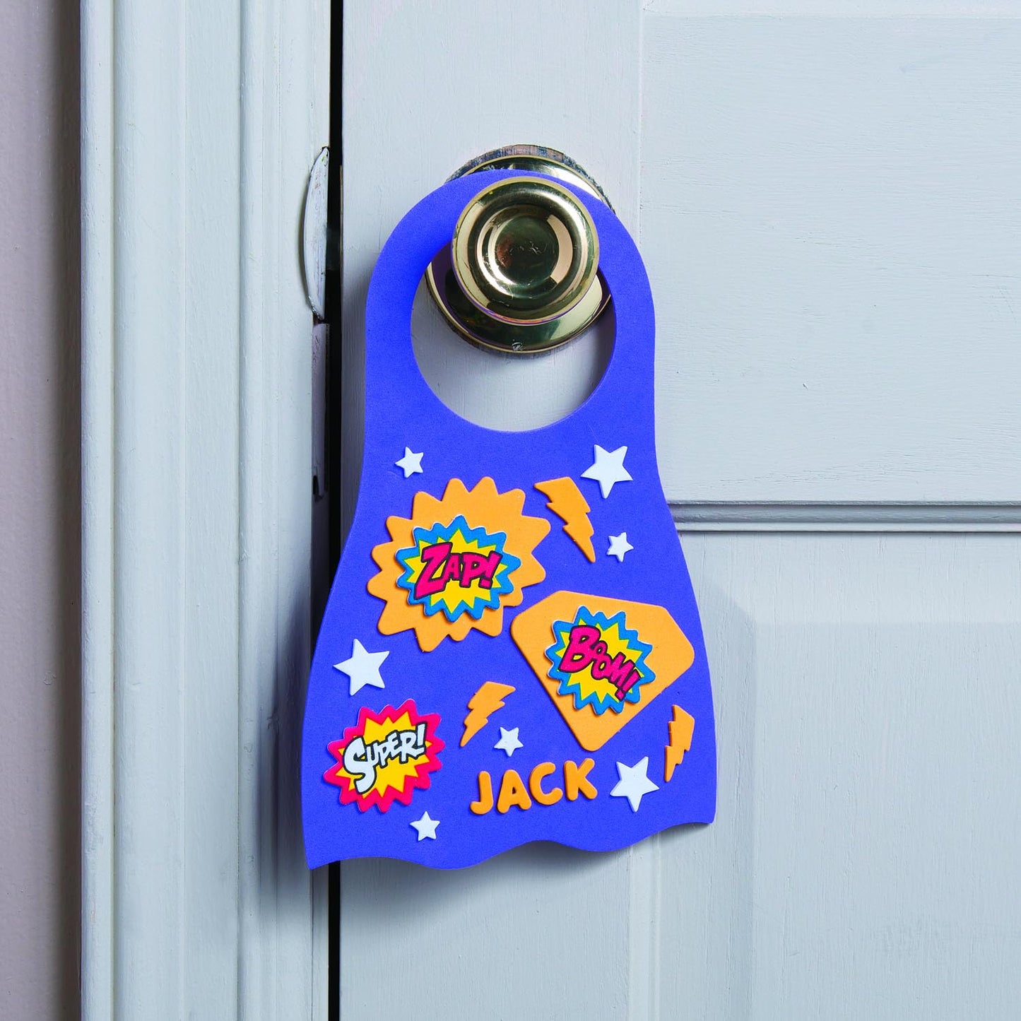 Fun Express DIY Foam Superhero Door Hanger Kit Makes 24 - Super Hero Party Favors, Craft Activity for Kids | Door Knob Sign with Self-Adhesive Foam