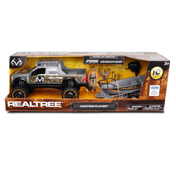 NKOK Realtree 1/18 Scale Free-Wheel Playsets 10-PC Set, RT Ford F-250 Super Duty Fishing Boat on Trailer & Accessories playset (Roof Rack, Hunter, 2