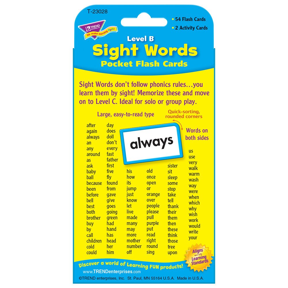 Trend Enterprises: Sight Words Level B Pocket Flash Cards, Great for Skill Building and Test Prep, 56 Two-Sided Cards Included, 108 Commonly-Used
