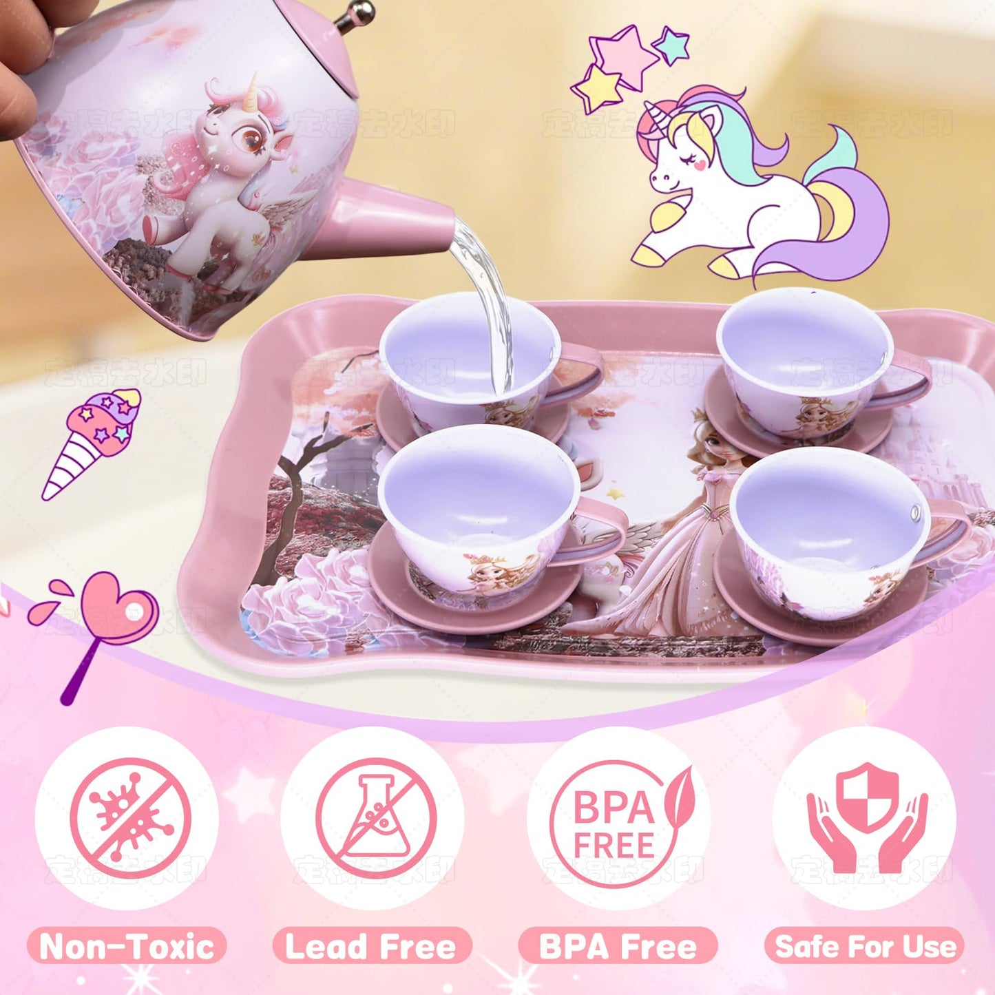 Unicorn Tea Party Set for Girls, Pretend Play Toy with Pink Tin Teapot, 4 Cups & Plates, Portable Carrying Case, Educational Gift for Toddlers Ages 3