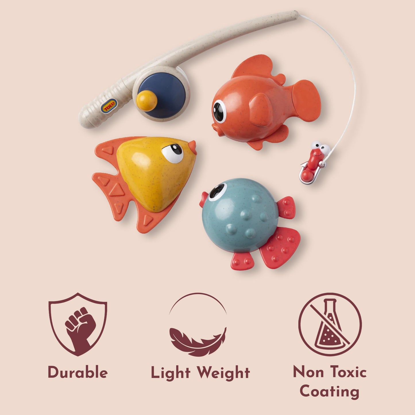 Tolo Bio Funtime Fishing Set | Eco-Friendly Bath Toy for Toddlers | Magnetic Fishing Rod, 3 Bubble-Blowing Fish, Worm | Skill-Building Water Play |