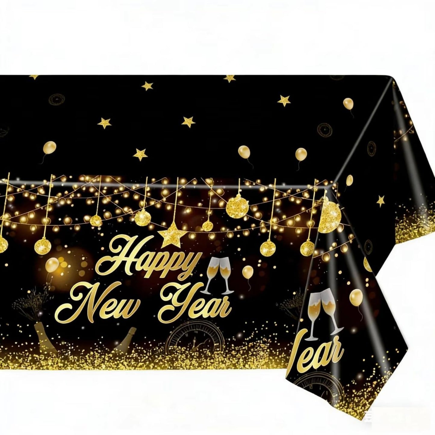 Tudniky Happy New Year Plastic Tablecloth, 2026 Disposable Table Cover, Plastic Table Clothes for Parties Decorations Supplies(108”L X 54”W, Black)