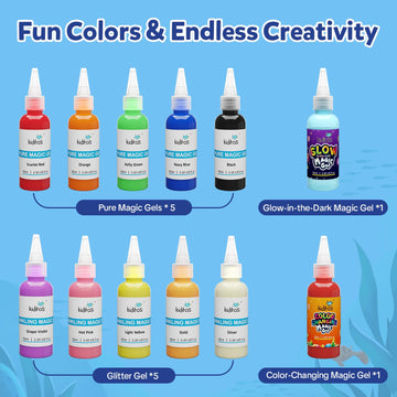 Kiditos Magic Water Elf Gel Refills, 12 Colors Refill Pack for Magic Water Elf Toy Kits, 5 Pure, 5 Glitter, 1 Glow-in-the-Dark, 1 Color-Changing Gel