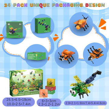 Party Favors for Kids 24 Pack Insect Building Sets, Bulk Educational Bug Blocks Toy for Valentines Day Classroom Prizes, Goodie Bags