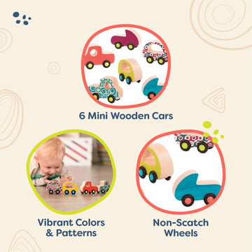 B. toys Wooden Toy Cars Set, Free Wheee-Lees, 6 Mini Vehicles, Wood Toys