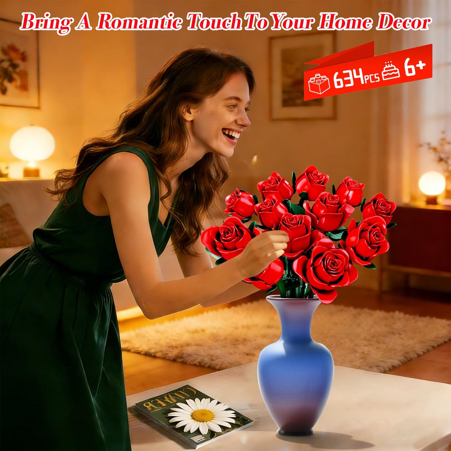 eafzv Flowers Bouquet Building Set, 12 Artificial Red Roses Botanical Collection Building Block Educational Toys for Girls Kids Women, 634 PCS