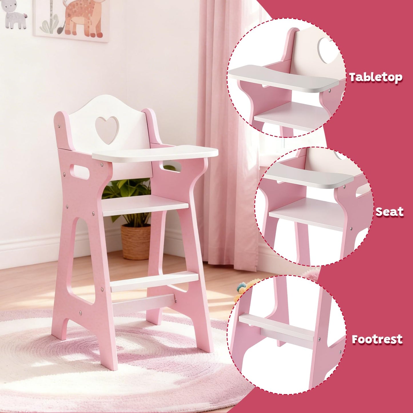 PHOKID Doll High Chair for Pretend Play - Wooden Doll Furniture with Safety Belt, Footrest & Flower Backrest, White/Pink,Fits Standard 18" Baby Dolls