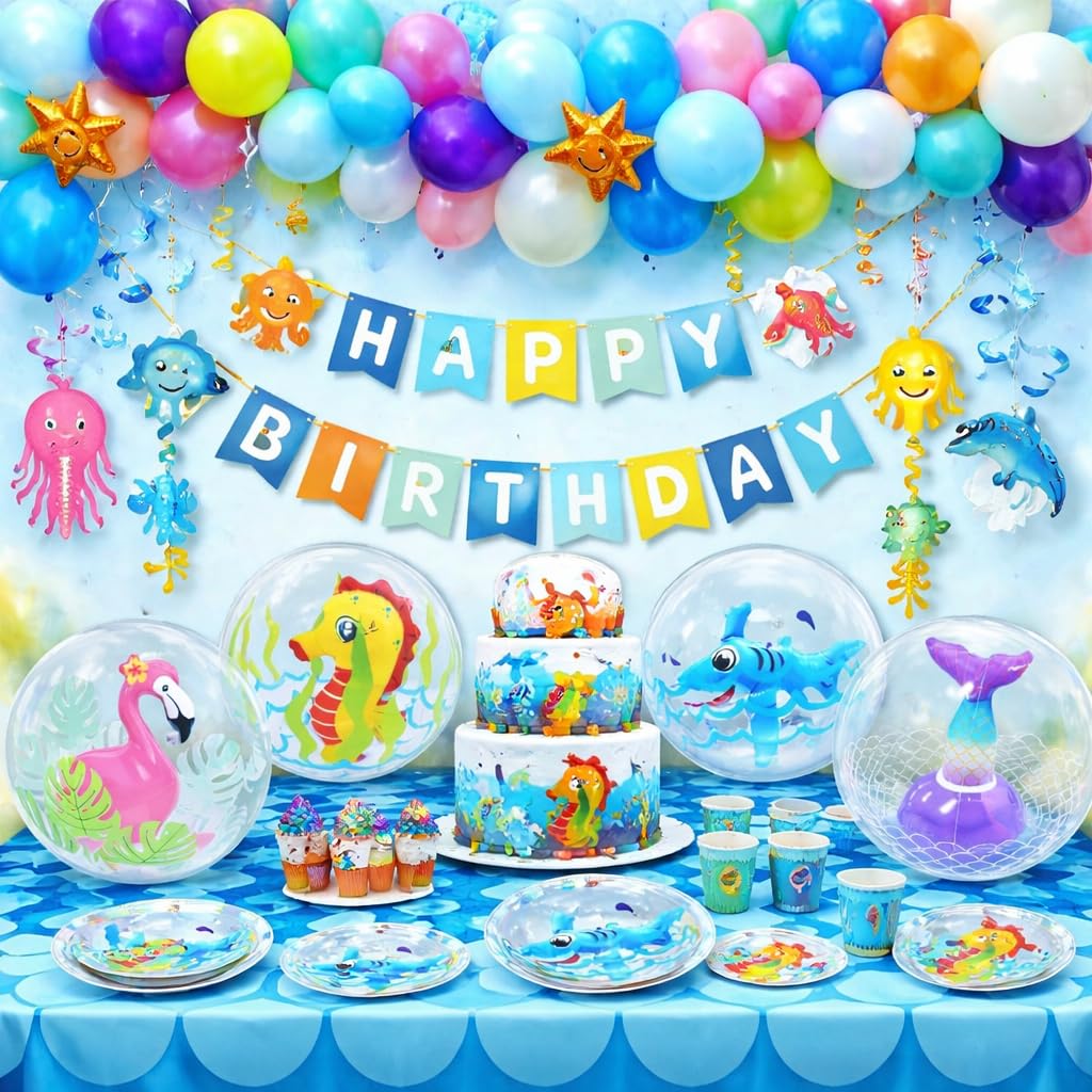 4E's Novelty 3D Beach Balls - 4 Pack 13" Inflatable Pool Toys, Flamingo, Mermaid, Shark, Sea Horse Unique Pool Ball, Ocean Under the Sea Party