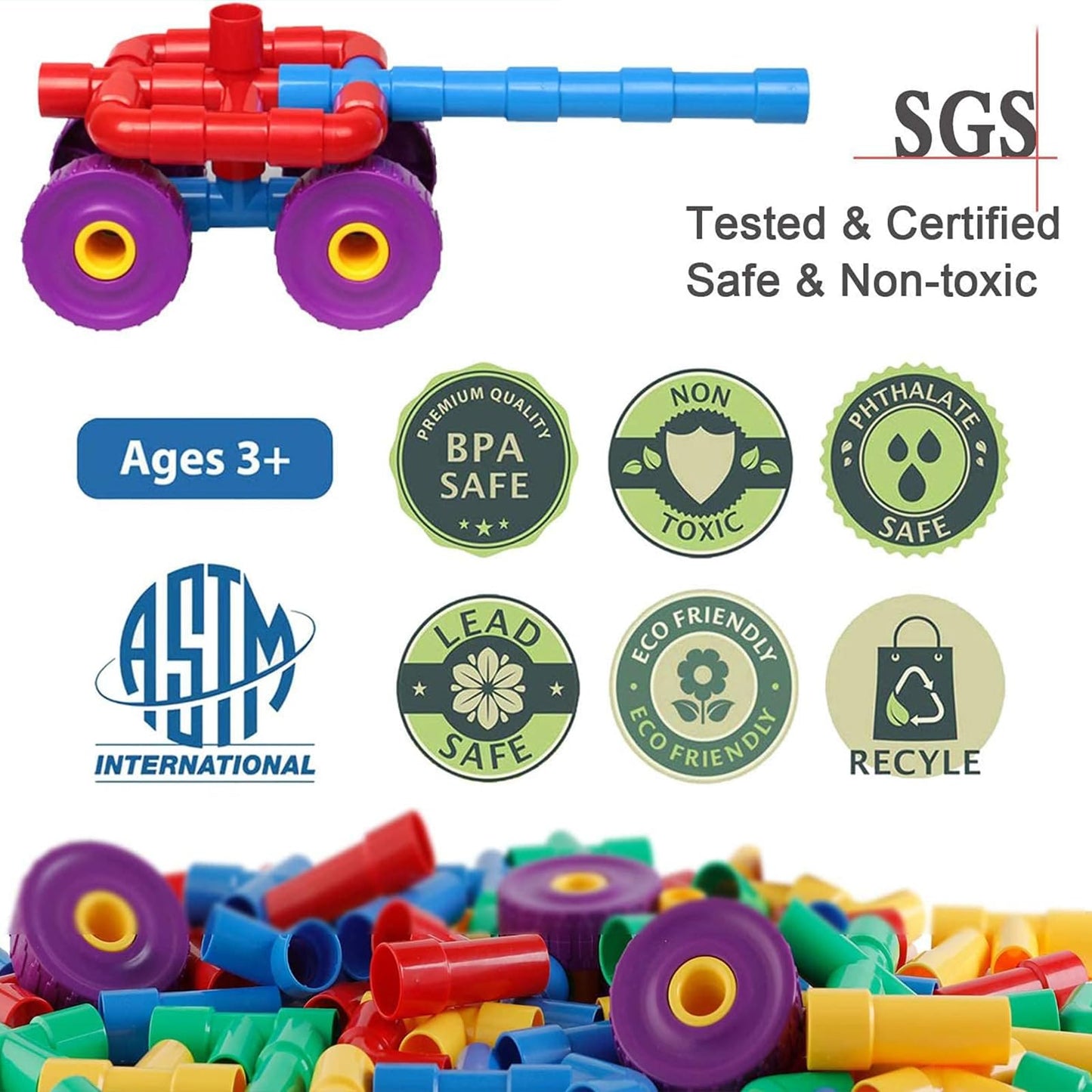 ZOZOPLAY STEM Learning Toy Tubular Pipes & Spouts & Joints 64 Piece Build Bicycle, Tank, Scootie, Moter Skills Endless Designs Educational Building