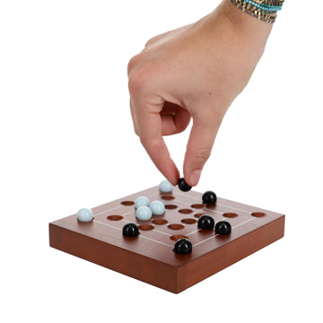 WE Games Nine Men's Morris Board Game, 5 inch Travel Size - Solid Wood Board with Magnetic Closure, 9 Clear & 9 Blue Marbles, Classic 2-Player