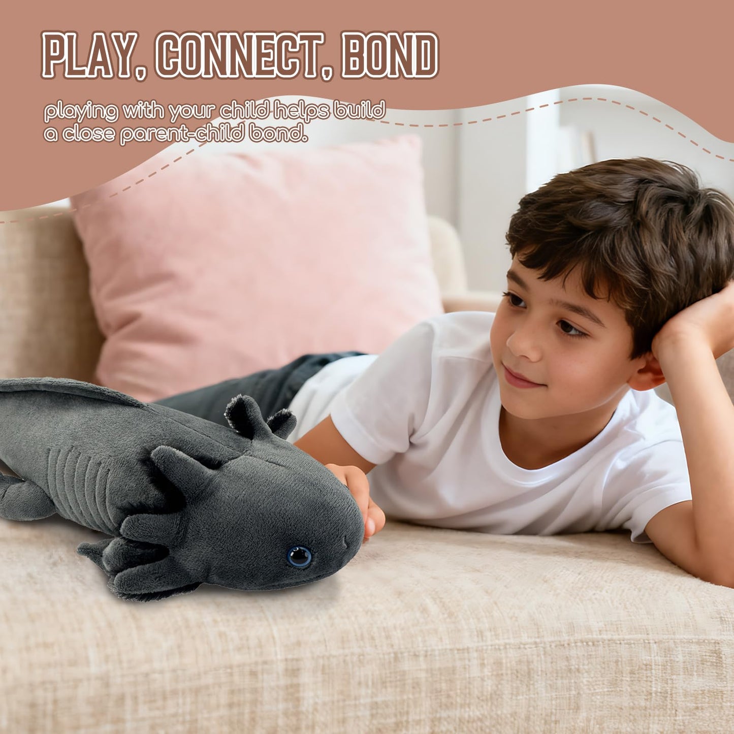Roqei Axolotl Plush - Soft Grey Axolotl Stuffed Animal, 19 Inch Cute Salamander Plush Pillow, Kawaii Plushie Toy, Birthday Gifts for Kids and Youth