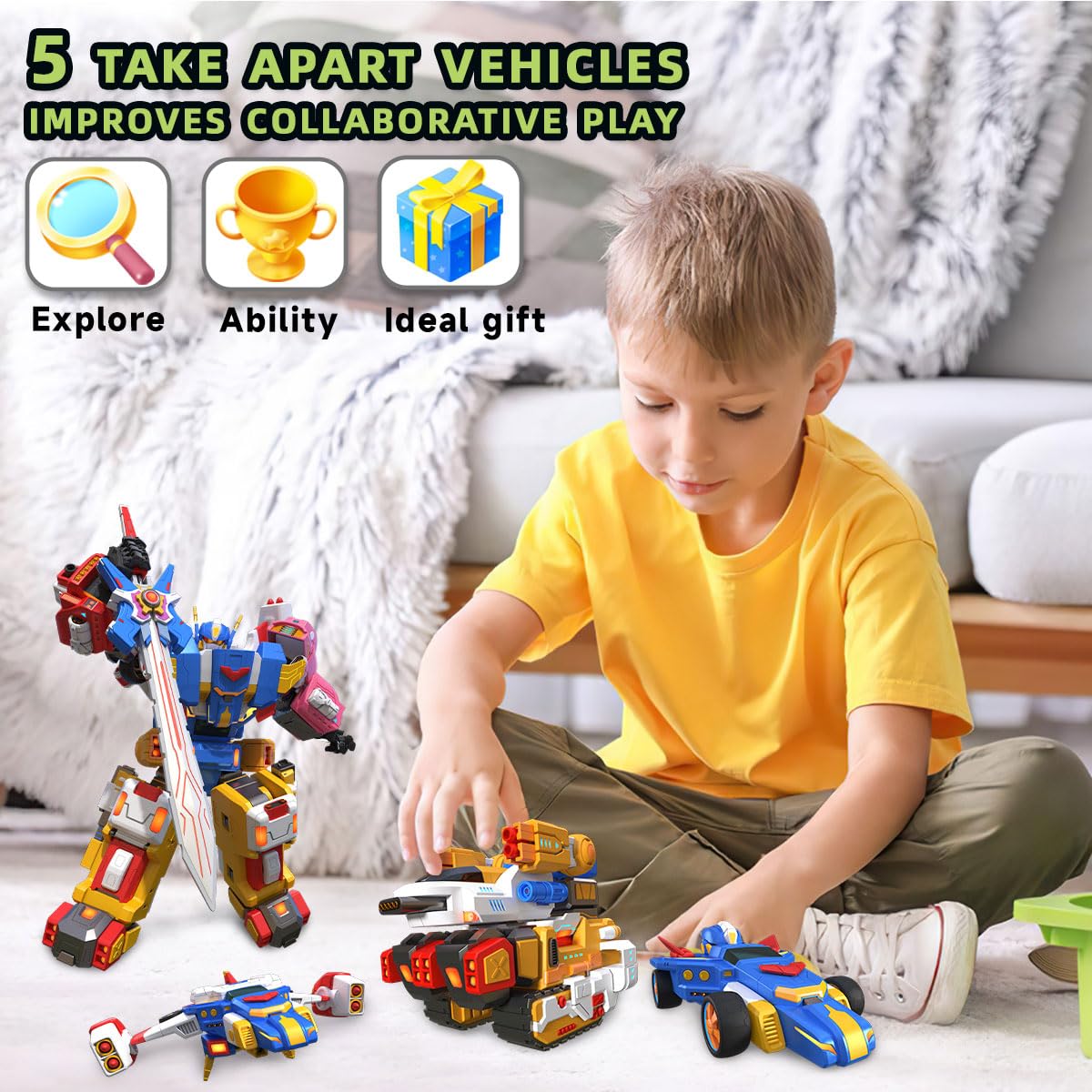 Wenbeier 5 in 1 Car Robot Toys for Kids Vehicles Action Figure Deformation Toys Include Go Kart Motorcycle Airplane Tank- STEM Educational Toy