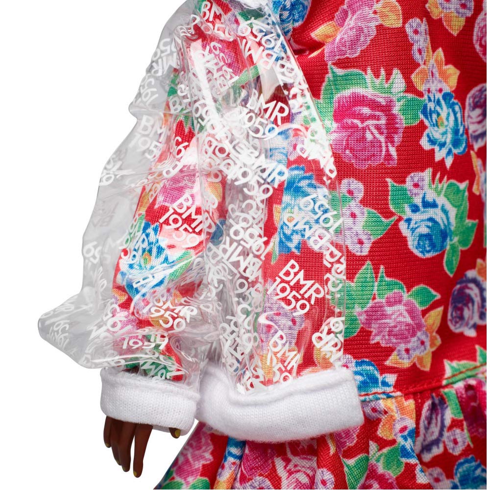 Barbie BMR1959 Fully Poseable Curvy Fashion Doll, Brunette, in Clear Vinyl Bomber Jacket and Floral Hoodie Dress, with Accessories and Doll Stand