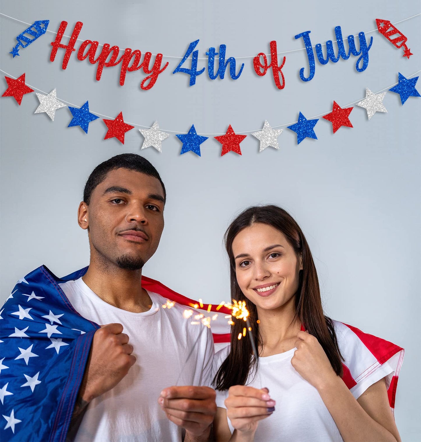 CAVLA Glittery Happy 4th of July Banner and Glitter Stars Banner Red White Blue Patriotic Fourth of July Garland Banner with Fireworks Signs