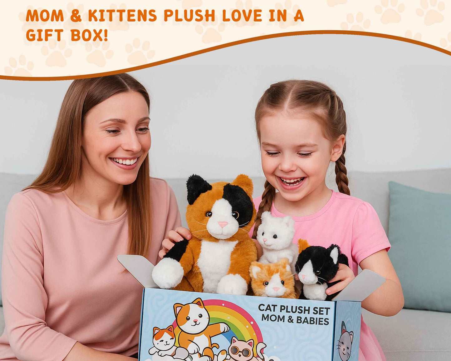Chirpy Chums Classic Cat Family - 14” Mommy Cat Stuffed Animal with 4 Baby Kittens Inside, Zipper Belly Surprise Plush, Ultra-Soft Mommy & Baby Plush